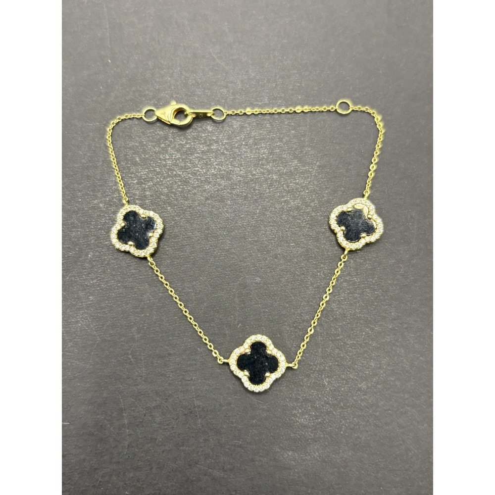 7" EUC Gold Sterling Silver Onyx Cubic Zirconia Clover Bracelet 925 H5